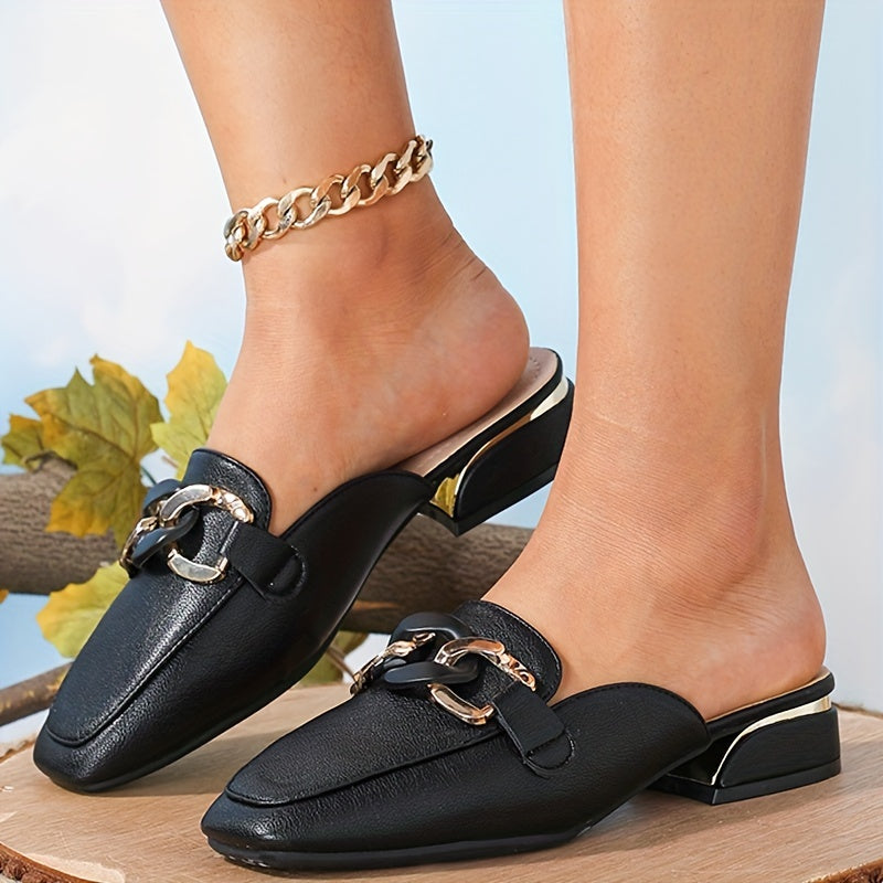 Chunky Low Heel Loafers Chain Square Toe Slip On Shoes