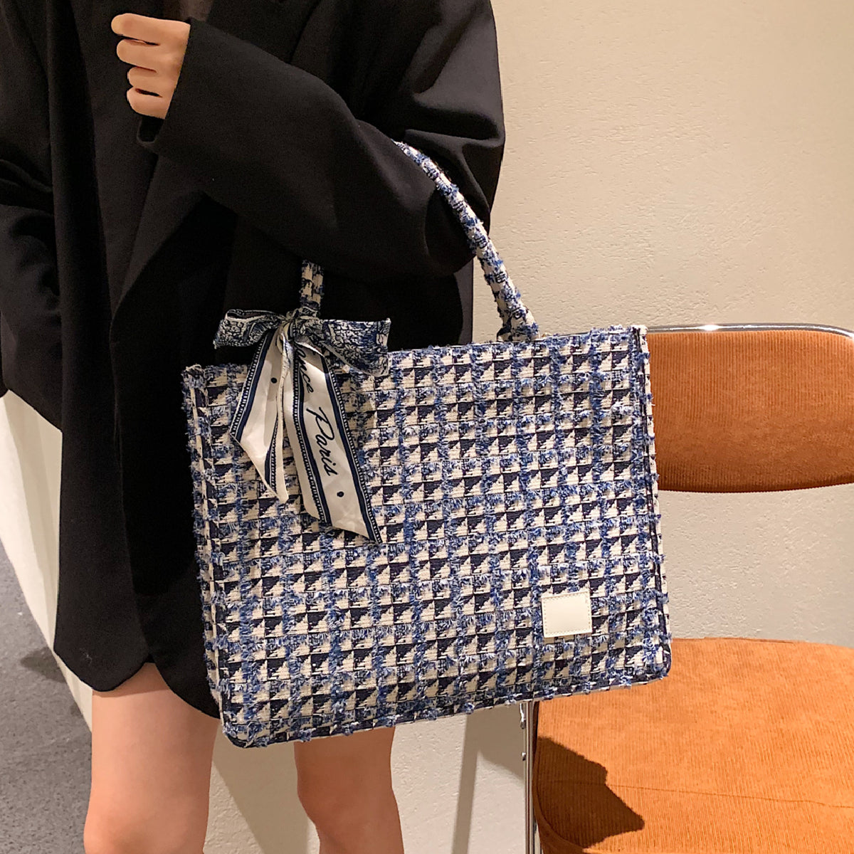 Tweed Plaid Tote Bag with Twilly Scarf Large Capacity
