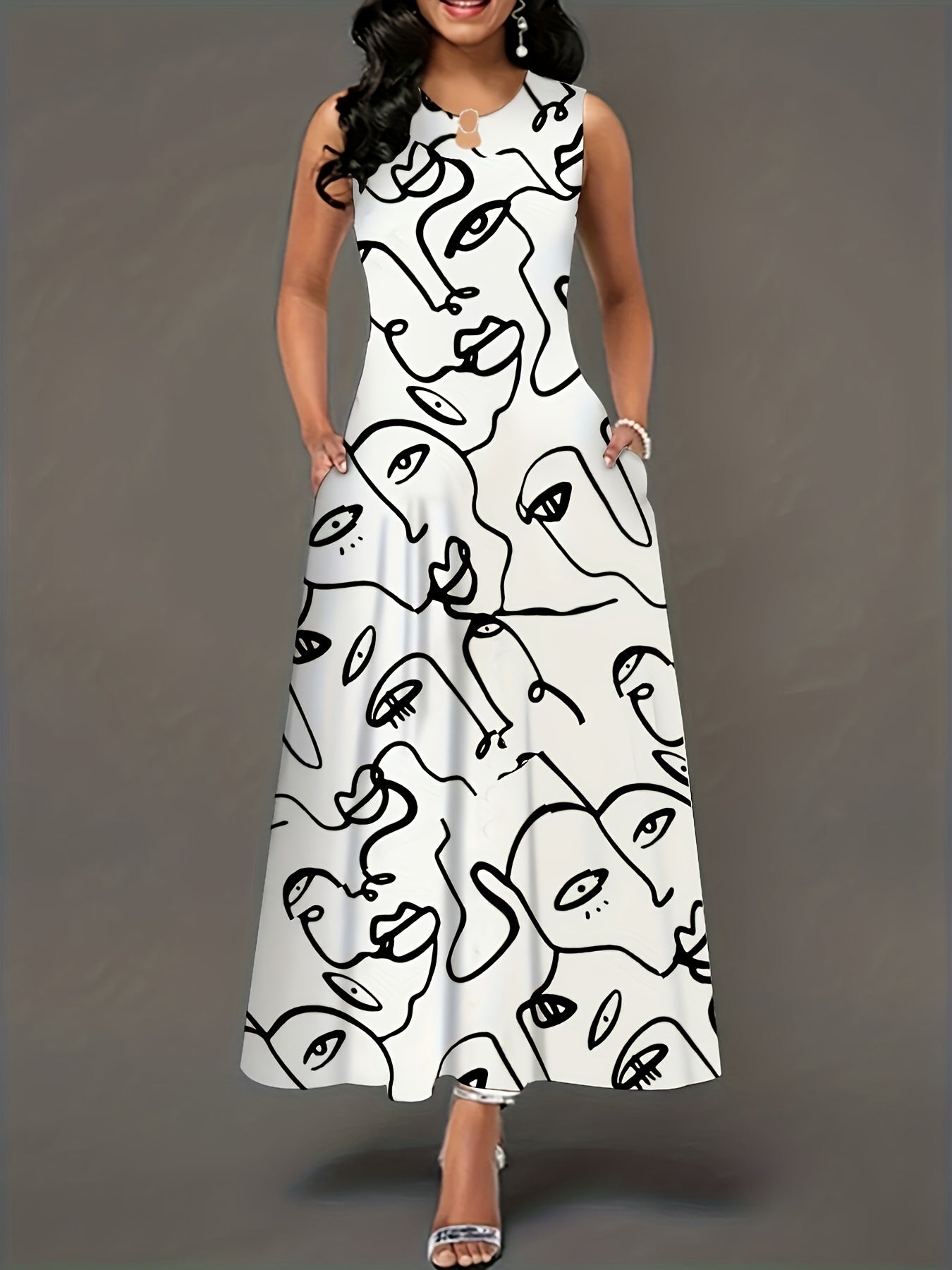 Abstract Figure Print Maxi Tank Dress With Pockets