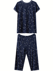 Floral Print Pajama Set Short Sleeve Crew Neck Top & Crop Pants