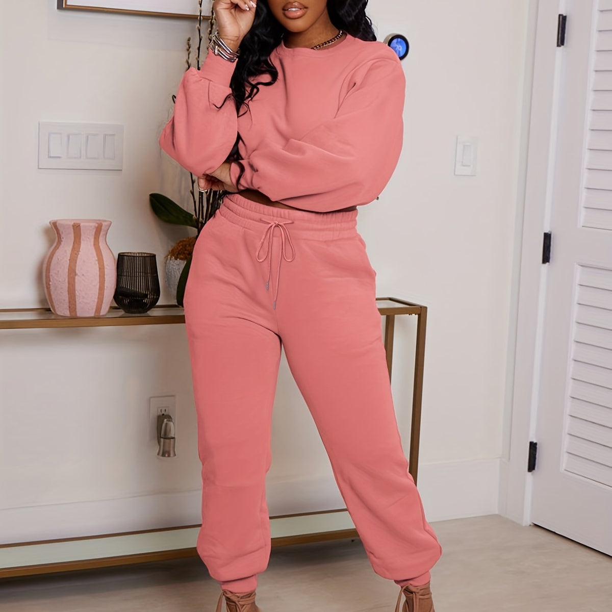 Women's Plus Solid Long Sleeve Crop Top & Joggers Set