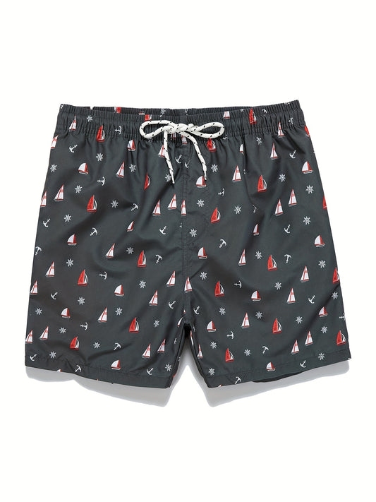 Sailboat Print Mesh Lining Drawstring Men s Swim Trunks