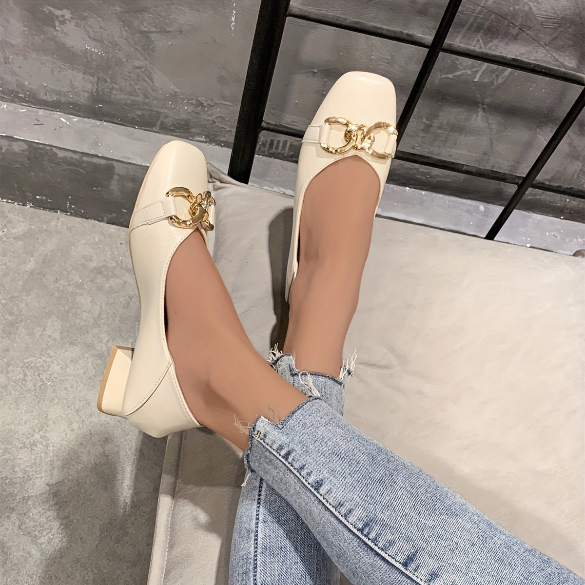 Low Heel Square Toe Buckle Flat Shoes for Work
