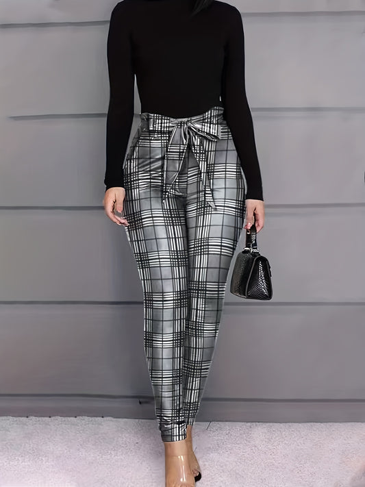  Grid Print Knot Front High Rise Leggings