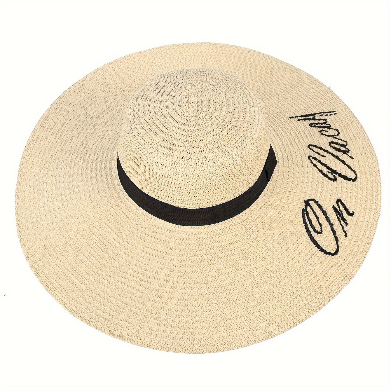 Embroidered Sun Hat Wide Brim Beige Straw Hat