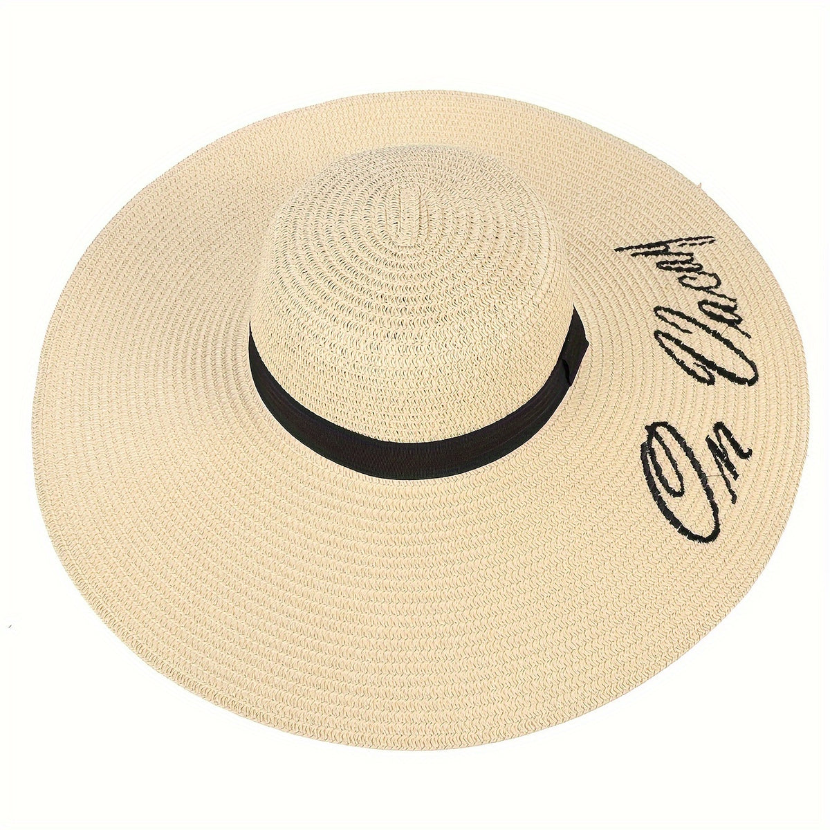 Embroidered Sun Hat Wide Brim Beige Straw Hat