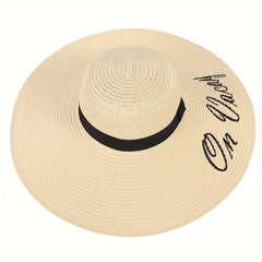 Embroidered Sun Hat Wide Brim Beige Straw Hat
