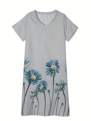 Floral Print V-Neck Tee Dress Plus Size Casual Wear