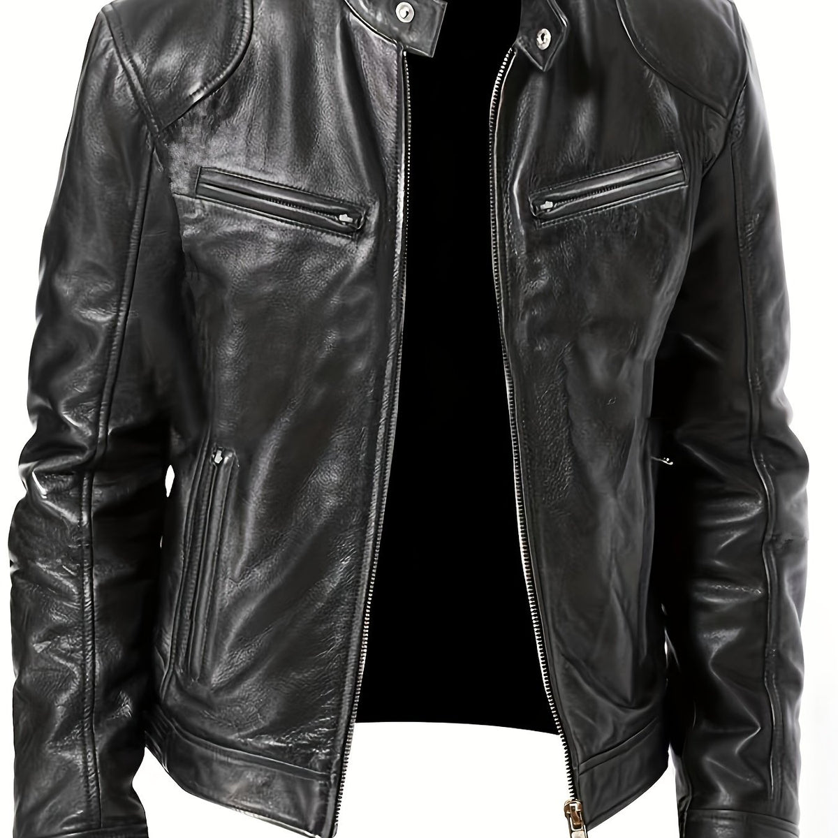 Solid Zip Up Stand Collar PU Jacket Men's Casual