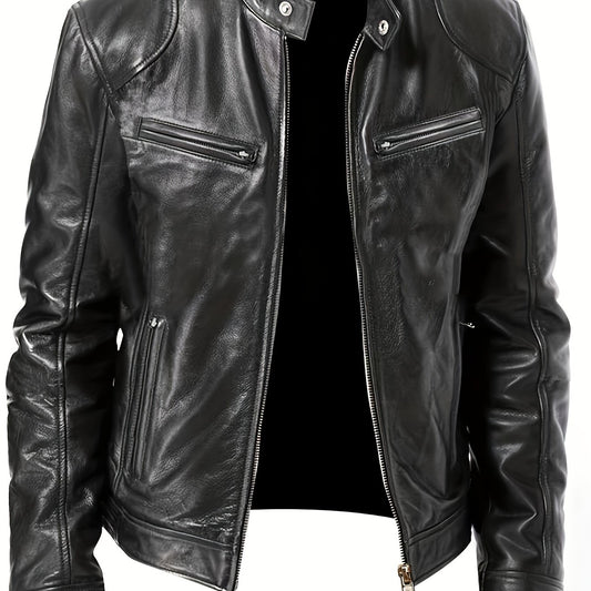 Solid Zip Up Stand Collar PU Jacket Men's Casual