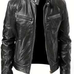Solid Zip Up Stand Collar PU Jacket Men's Casual