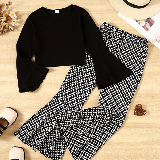 Girls 2 Pack Long Sleeve Top & Geometric Flare Pants