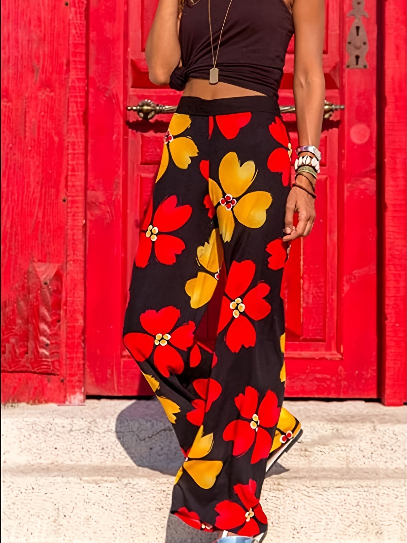 Boho Floral Print Loose Straight Pants Elastic High Waist