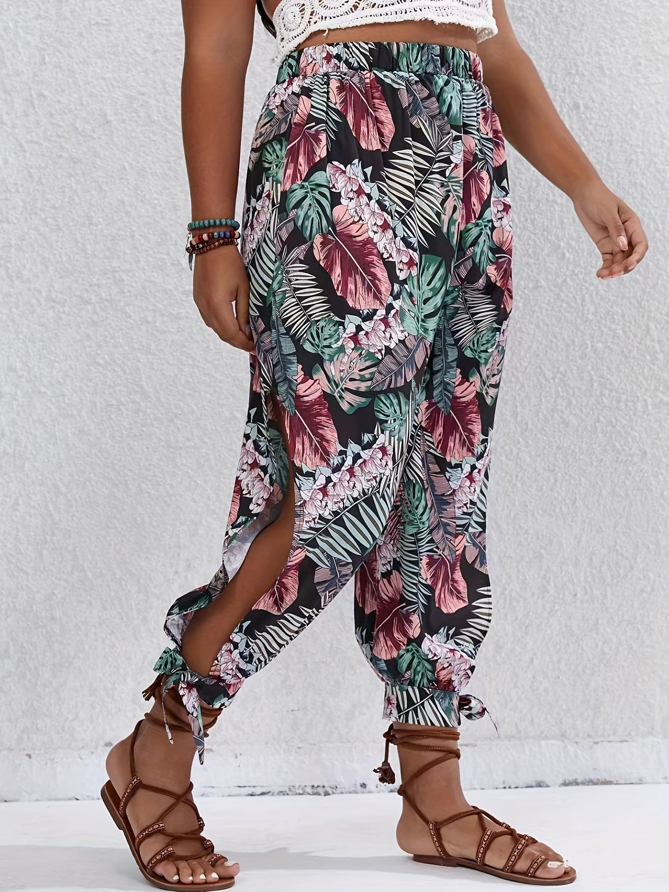 Boho Pants Women's Plus Tropical Print Elastic High Rise Trousers