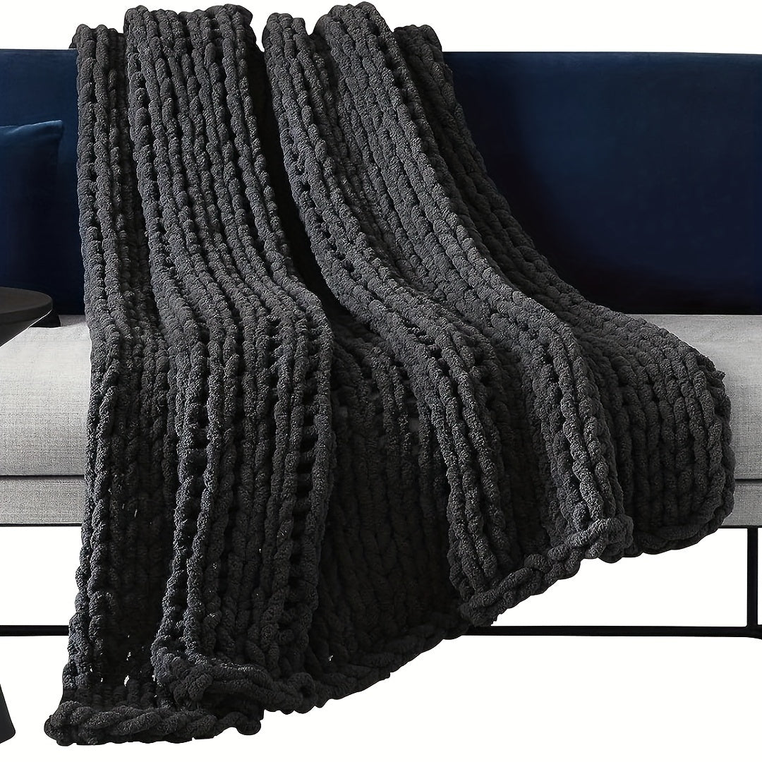 Chunky Knit Blanket Throw Chenille Yarn Cozy Thick Cable Knitted Blanket