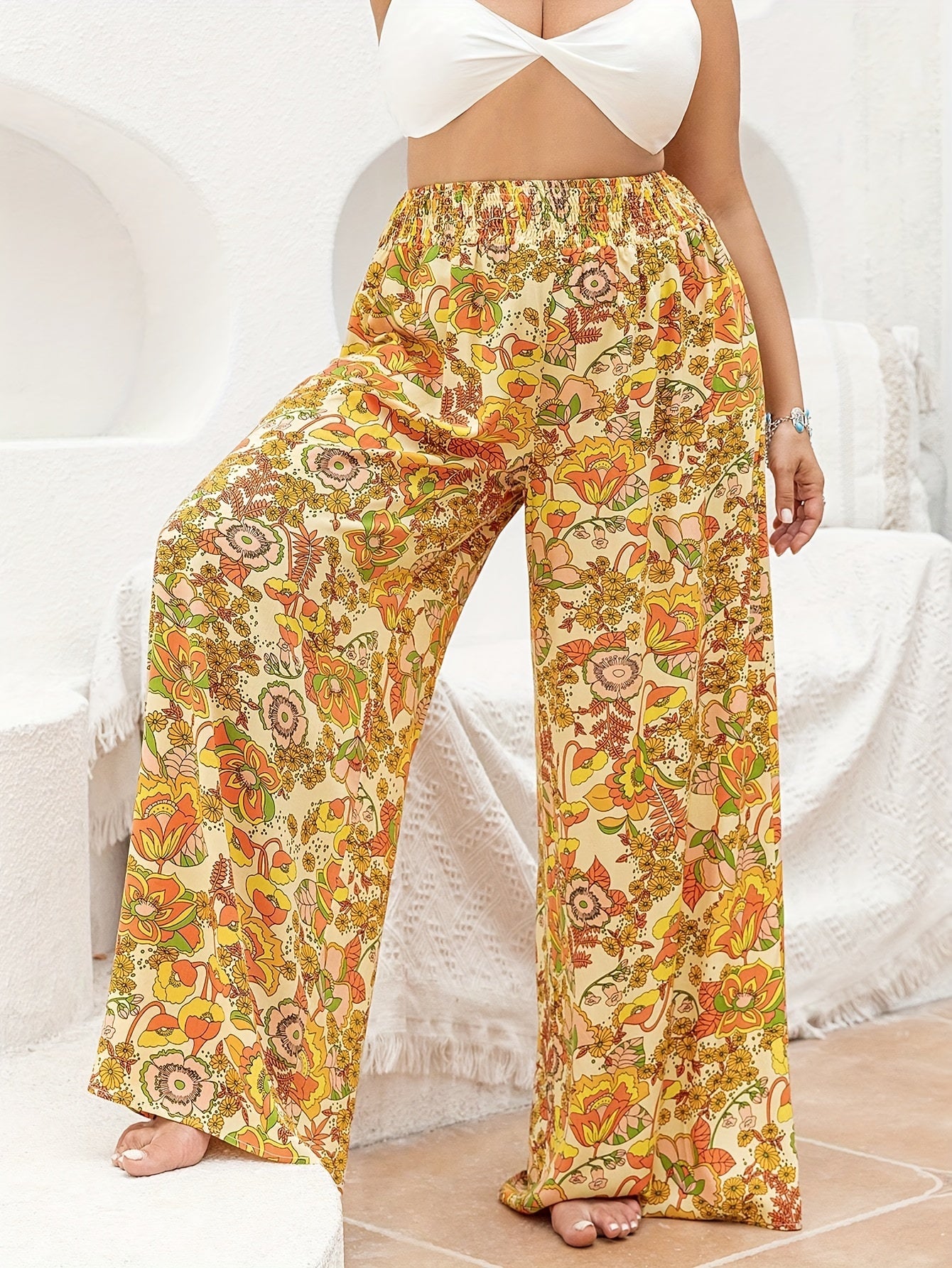 Floral Print High Rise Wide Leg Trousers