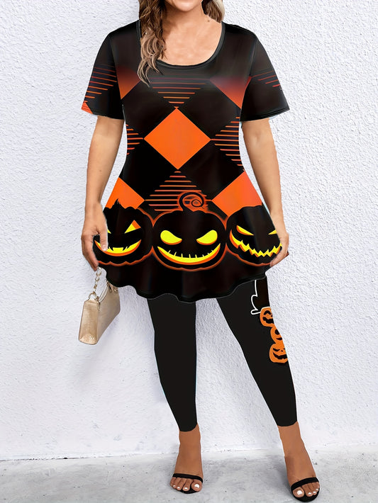  Gothic Halloween Outfit Set Women's Pumpkin & Geo Print Top & Leggings