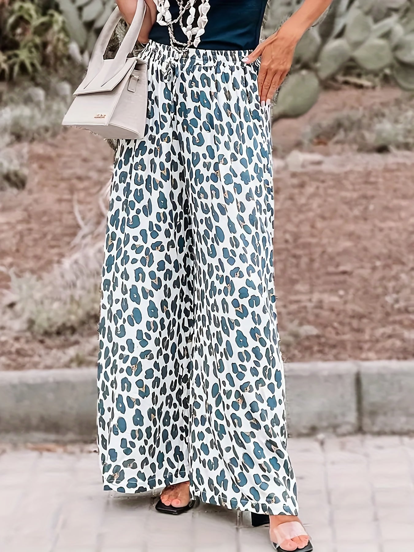  Leopard Print Elastic High Rise Wide Leg Trousers