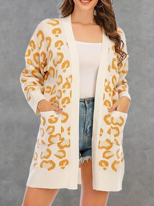  Leopard Print Open Front Cardigan With Pockets