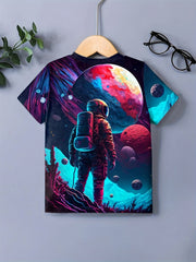 Boys Astronaut 3D Print T-shirt Short Sleeve Top Kids Summer Clothes