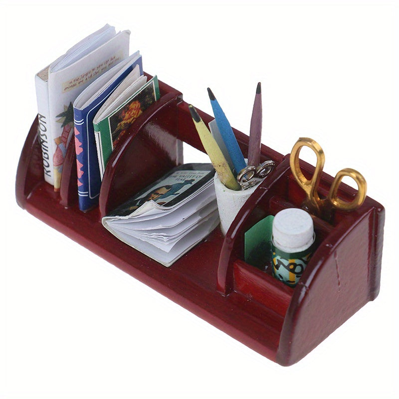 Dollhouse Wooden Bookshelf Model w/ Stationery Books