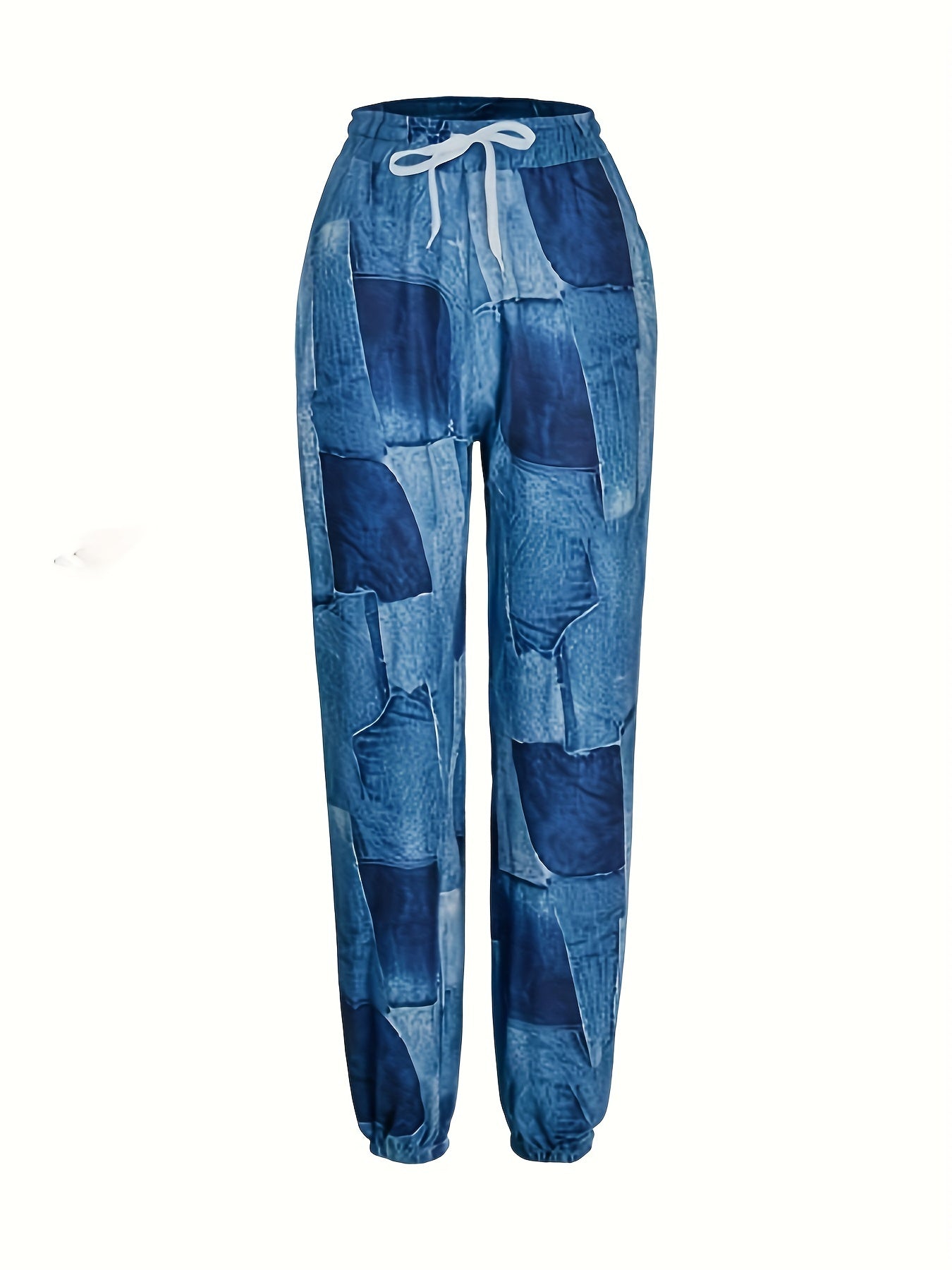  Colorblock Denim Print High Rise Jogger Trousers