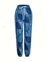  Colorblock Denim Print High Rise Jogger Trousers