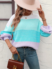  Colorblock Lantern Sleeve Round Neck Sweater