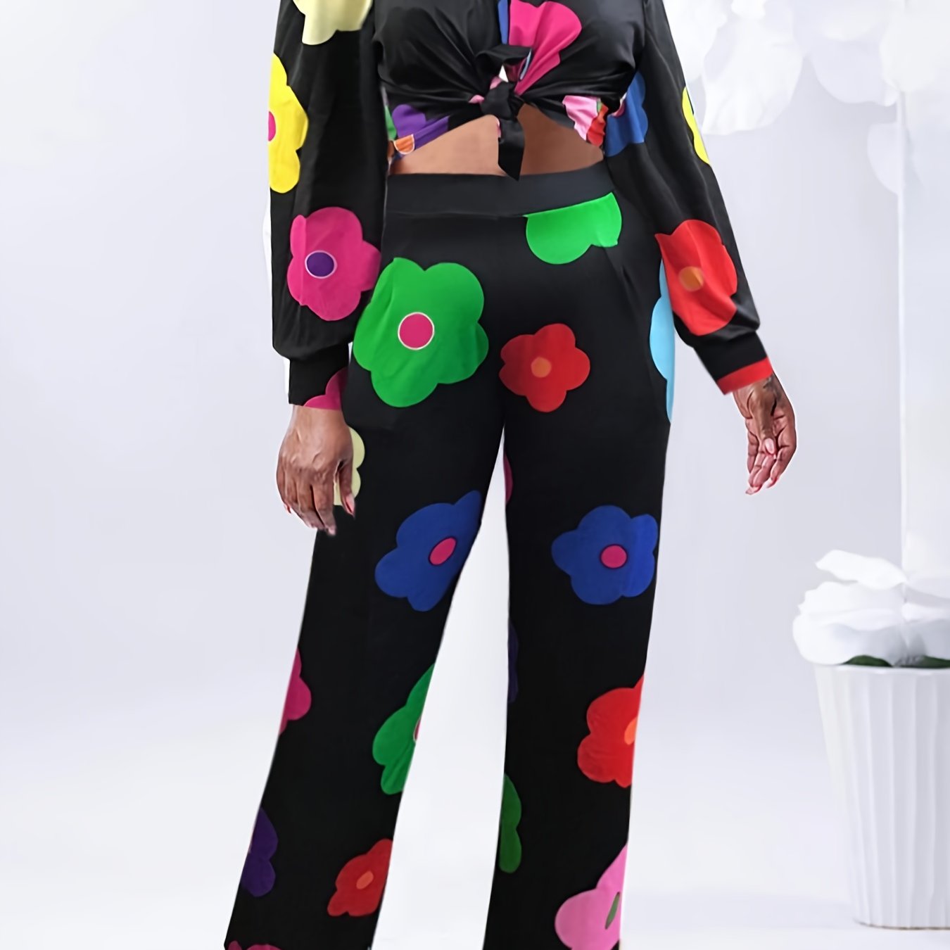 Women's Plus Floral Shirt & Pants Two Piece Set