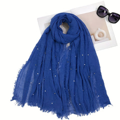 Solid Raw Trim Rushed Scarf Faux Pearl Decor Shawl Wrap