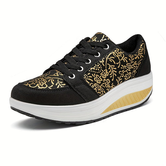 Floral Pattern Wedge Sneakers Lace Up Thick Sole Walking Shoes