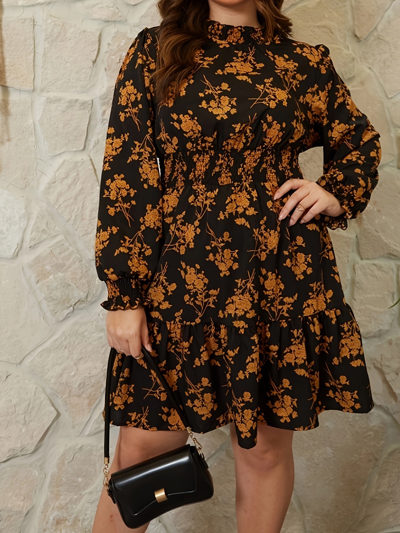 Women's Plus Floral Lantern Sleeve Smock Mini Dress