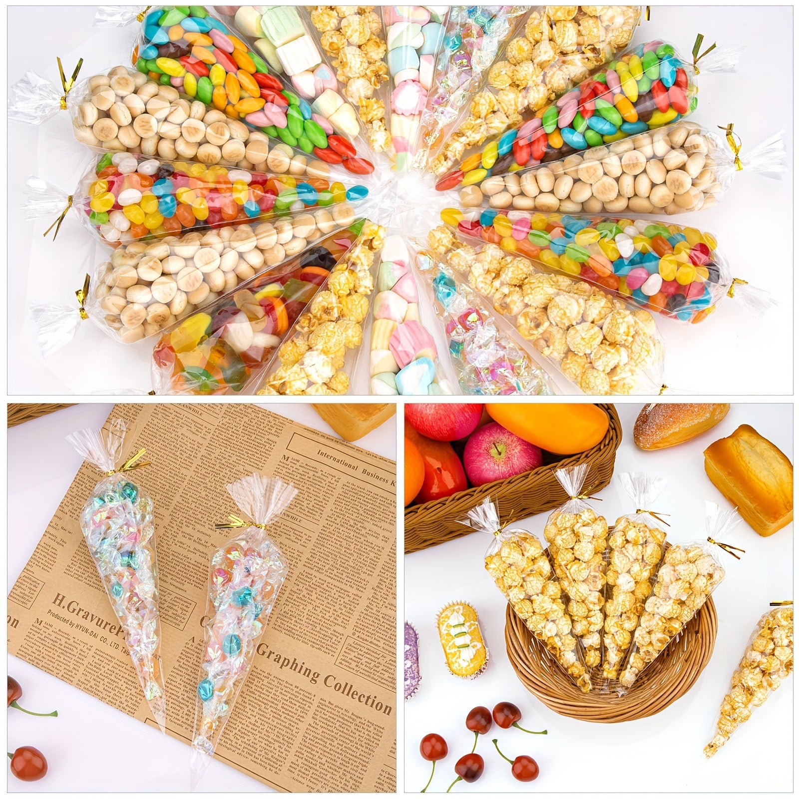 100pcs Cone Cellophane Bags Clear with Twist Ties - Christmas Plastic Cone Bags