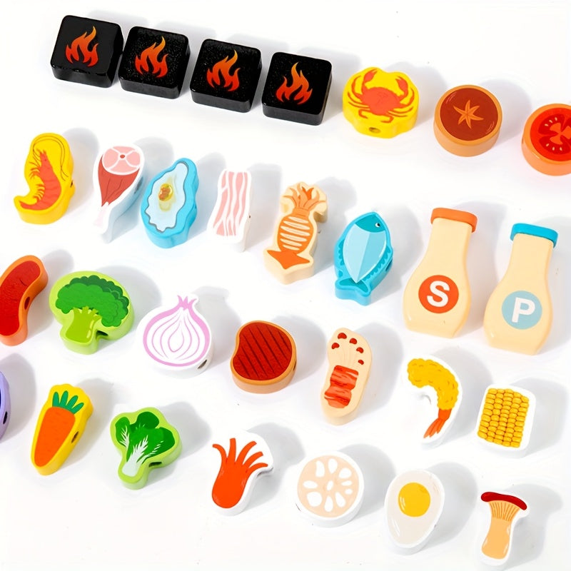 Kids Wooden BBQ Grill Set Backyard Camping Realistic Food Toy Gift