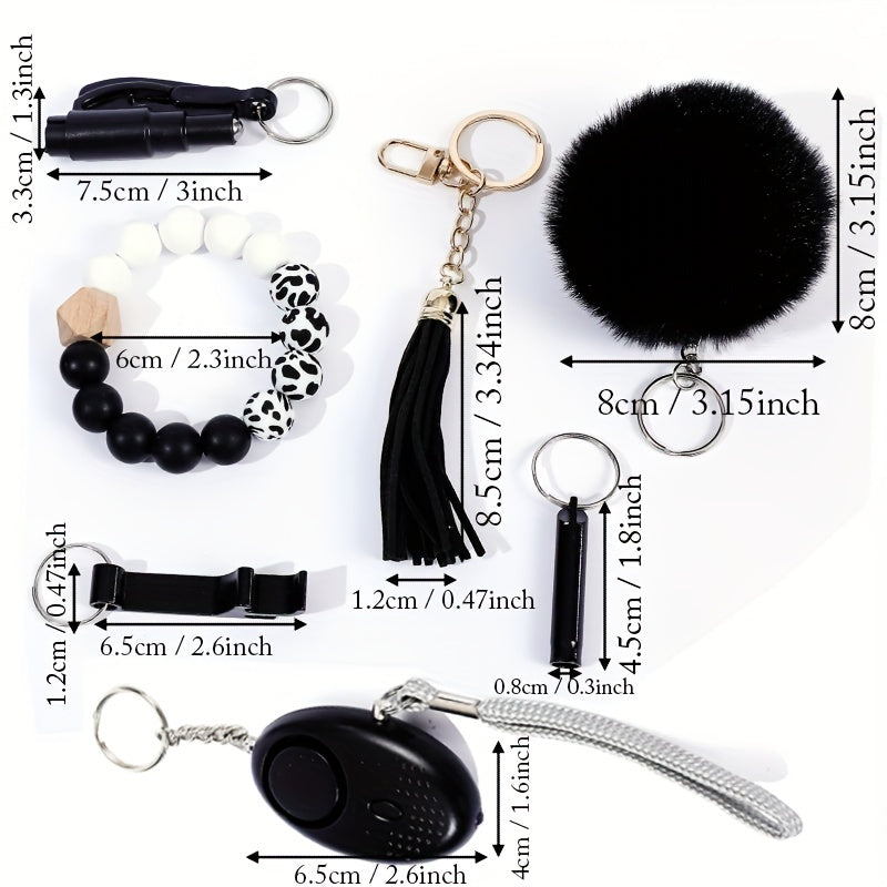 7Pcs Women's Safety Keychain Set Alarm Bracelet Tassel Pompom Breaker