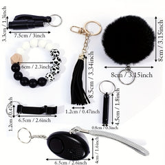 7Pcs Women's Safety Keychain Set Alarm Bracelet Tassel Pompom Breaker