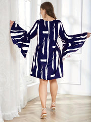  Brush Print Bell Sleeve Mini Dress