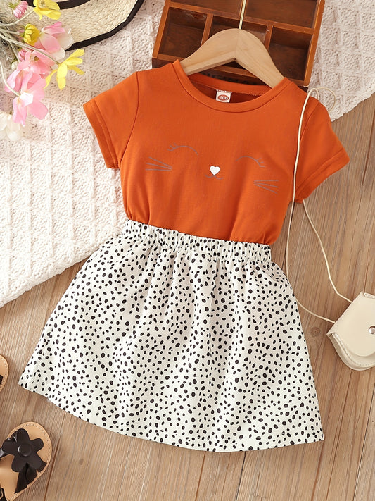 2pcs Toddler Girls Cat Graphic T Shirt & Skirt Set