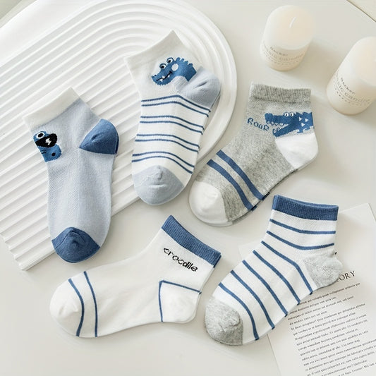 5 Pairs Kids Mesh Breathable Crew Socks Cartoon Crocodile Stripe Design