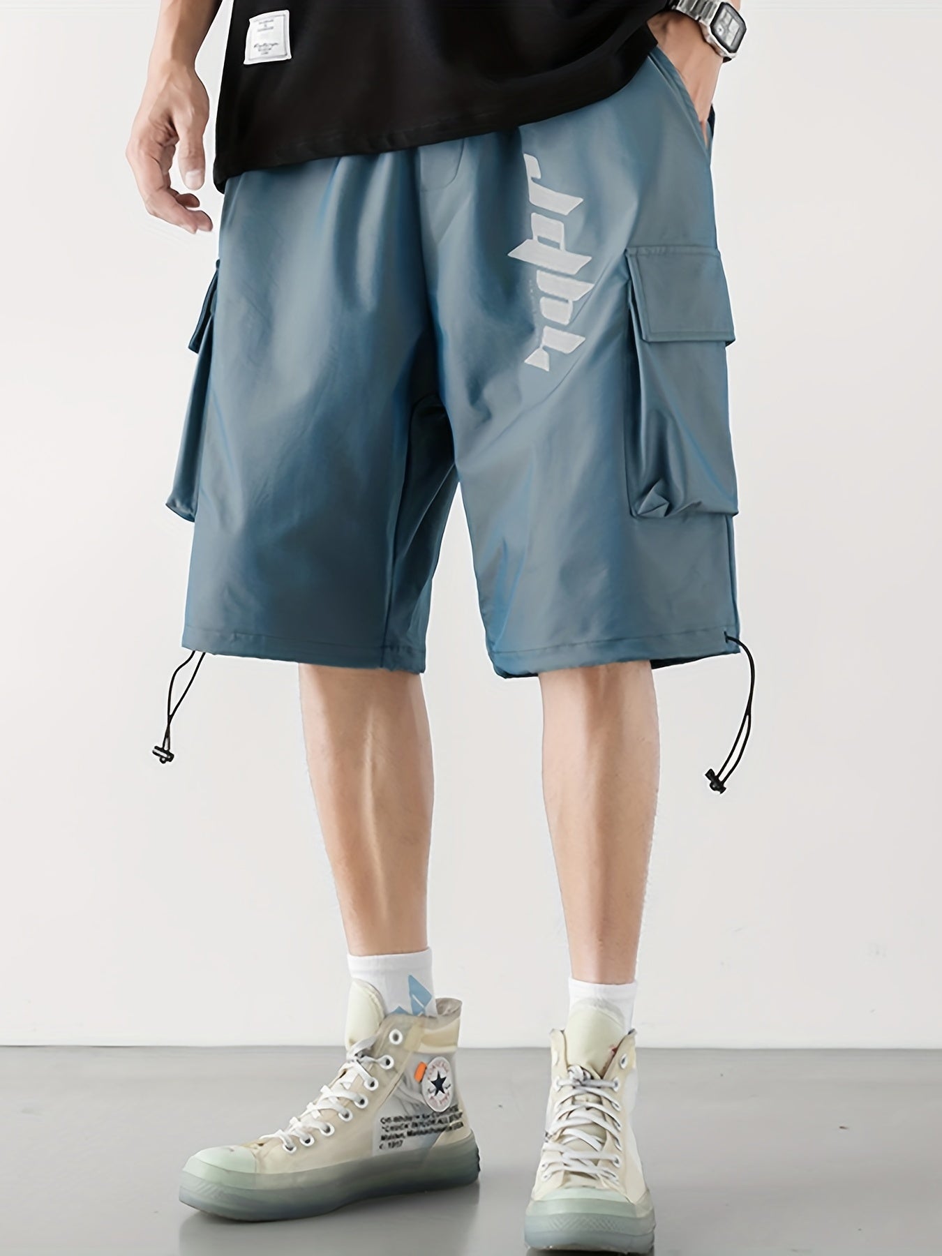 Letter Print Cargo Shorts Men's Casual Pocket Loose Fit Cargo Shorts