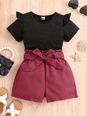 Girls Ruffled Short Sleeve Tee & Plaid Shorts Set with Belt