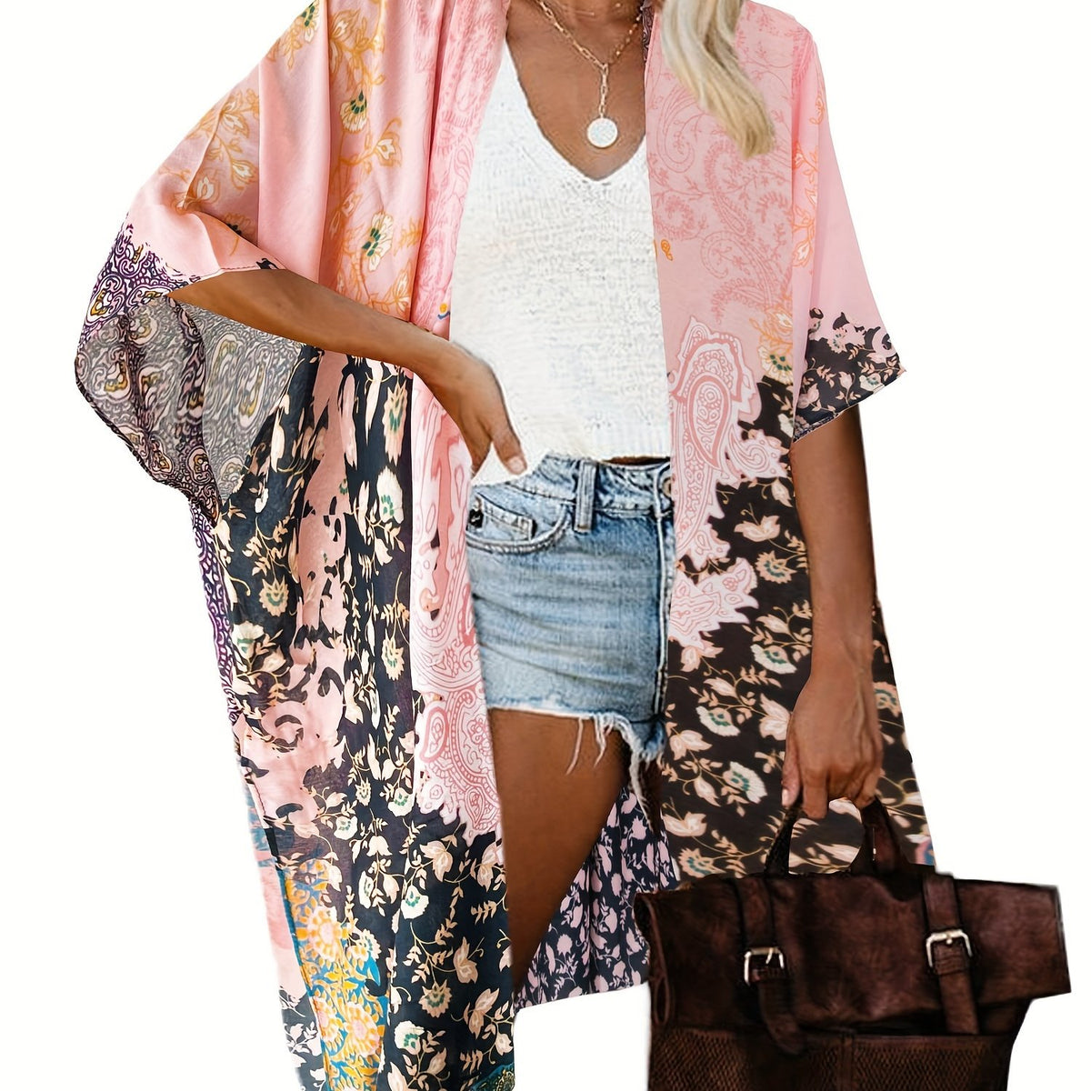  Boho Cover Up Women's Plus Floral Print Batwing Sleeve Open Front