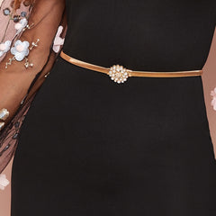 Floral Rhinestone Buckle Belt Golden Elastic Metal Waist Chain Charm
