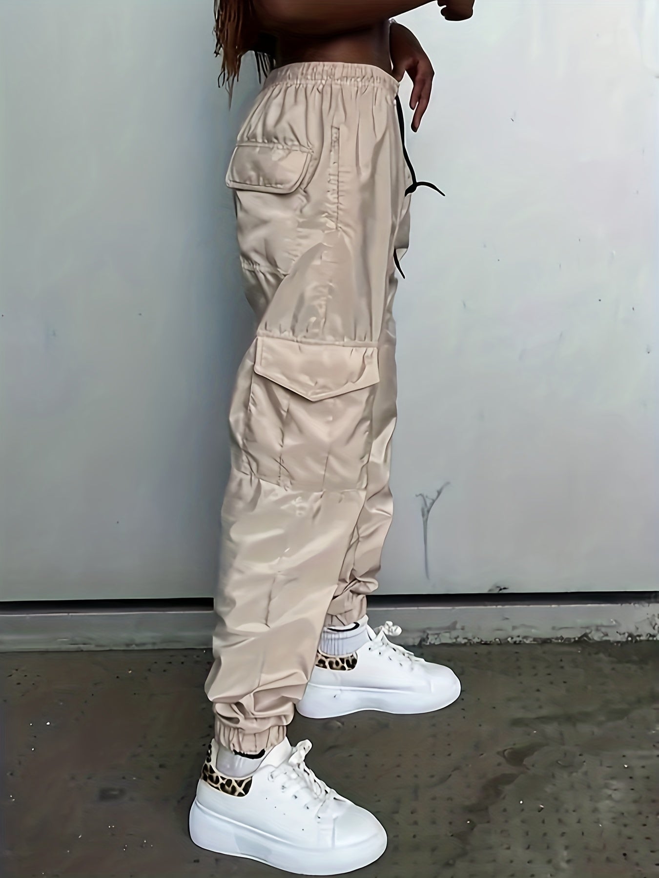  Solid Cargo Trousers Elastic Drawstring Women's Pants