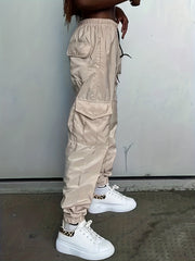  Solid Cargo Trousers Elastic Drawstring Women's Pants