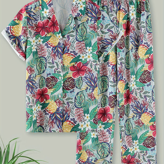 Floral Print Lounge Set Short Sleeve Buttons Top & Elastic Waistband Pants