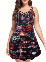  Goth Cami Dress Women's Plus Graphic Print Criss Cross V Neck