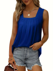Plus Size Casual Tank Top Women's Plus Square Neck Medium Stretch Pleated