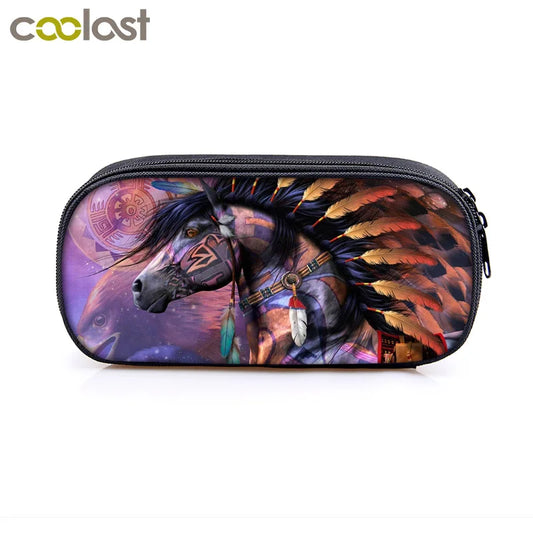 Animal Horse/Pony Print Cosmetic Case Pencil Bag Makeup Girls Boys School Supply