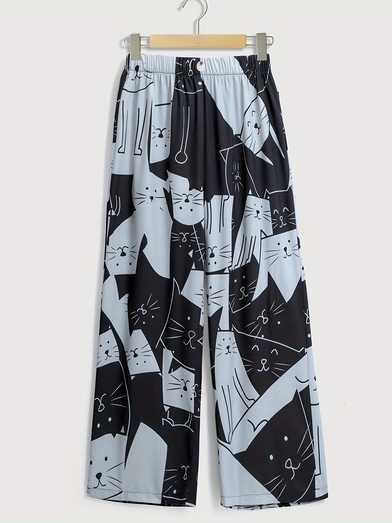  Colorblock Cat Print Wide Leg Pants